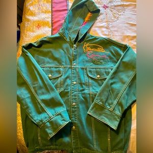 Karl Kani VINTAGE Jean jacket neon appliqué plaid inside hood Size M